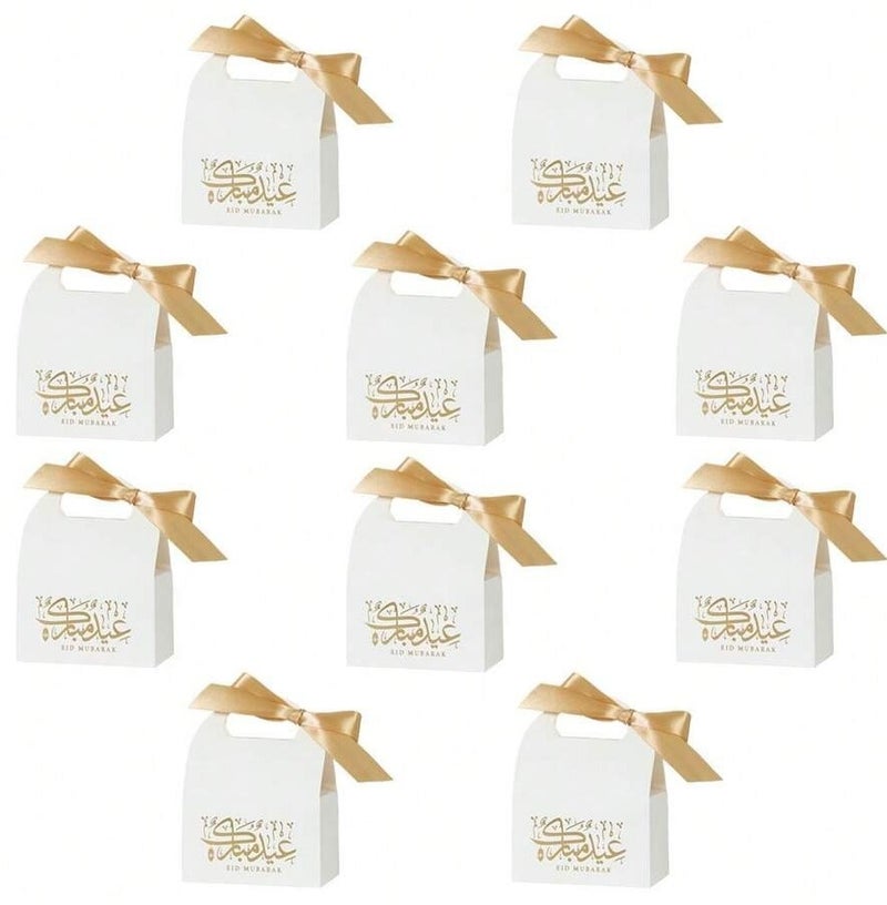 توزيعات العيد 10  علب هدايا بيضاء مزخرفة بعبارة عيد مبارك مع شريطة ذهبية، مناسبة لتقديم الحلوى وزينة الحفلات والمناسبات - Image 3